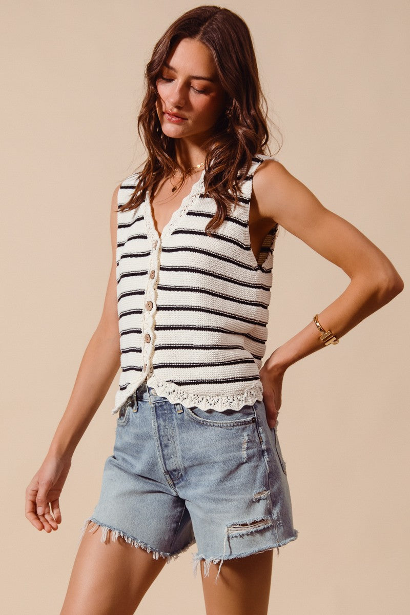 Off White Button Front Black Stripe Texture Knit Sweater Vest by So Me