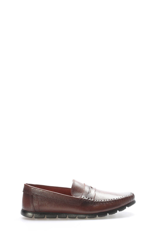 Brown Textured Leather Penny Loafers