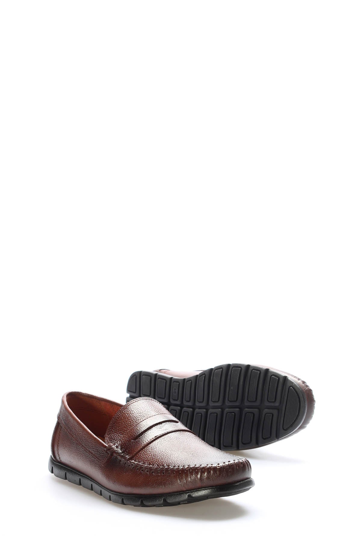 Brown Textured Leather Penny Loafers