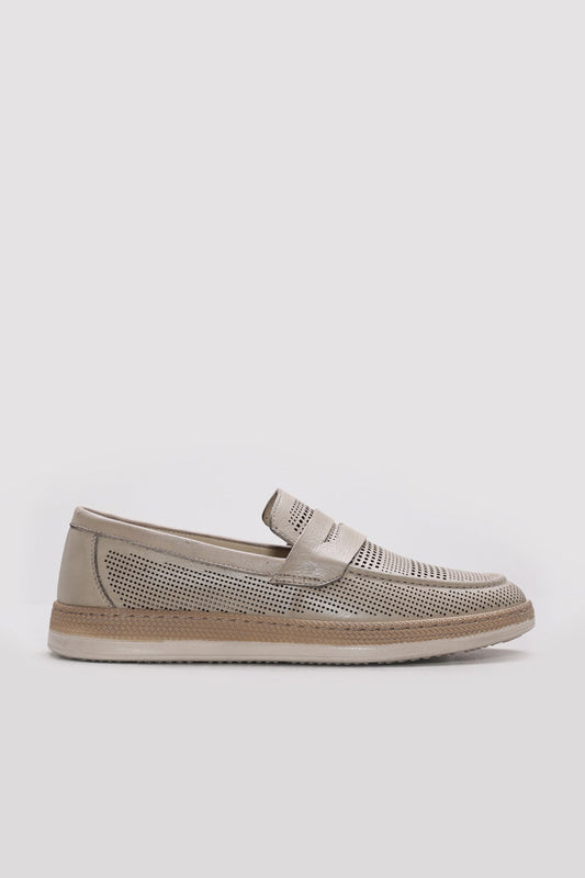 Beige Perforated Leather Loafers