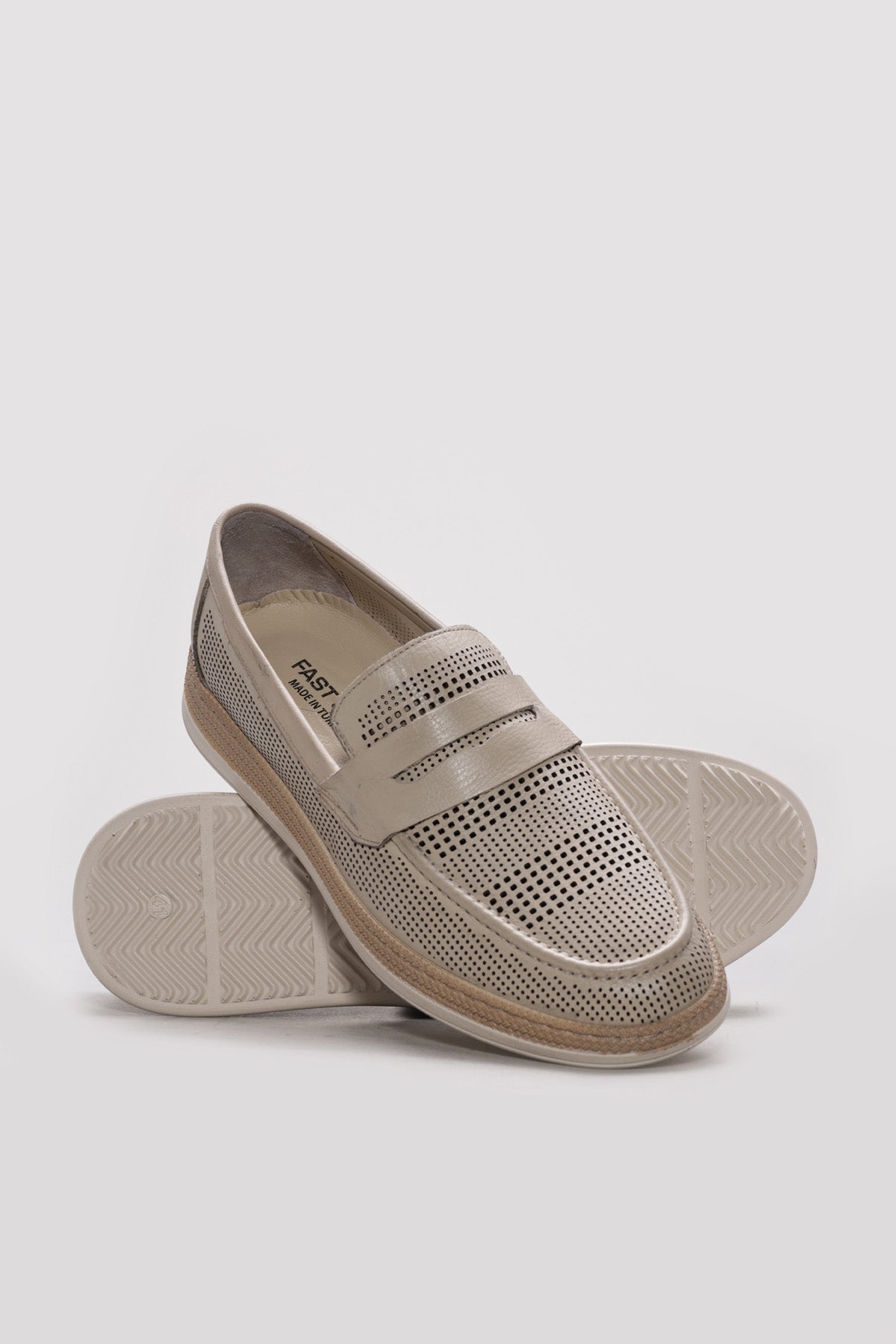 Beige Perforated Leather Loafers
