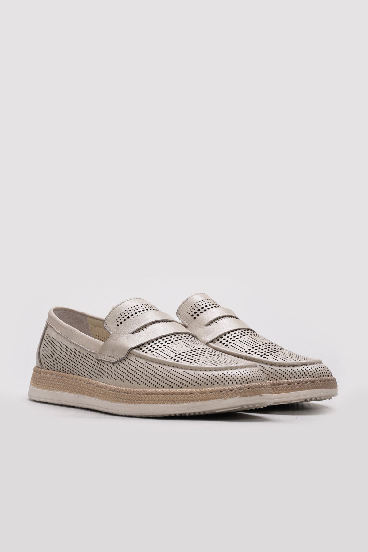 Beige Perforated Leather Loafers