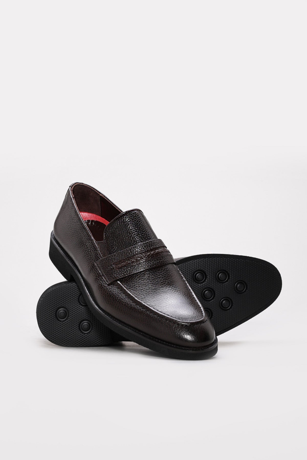 Dark Brown Textured Leather Penny Loafers