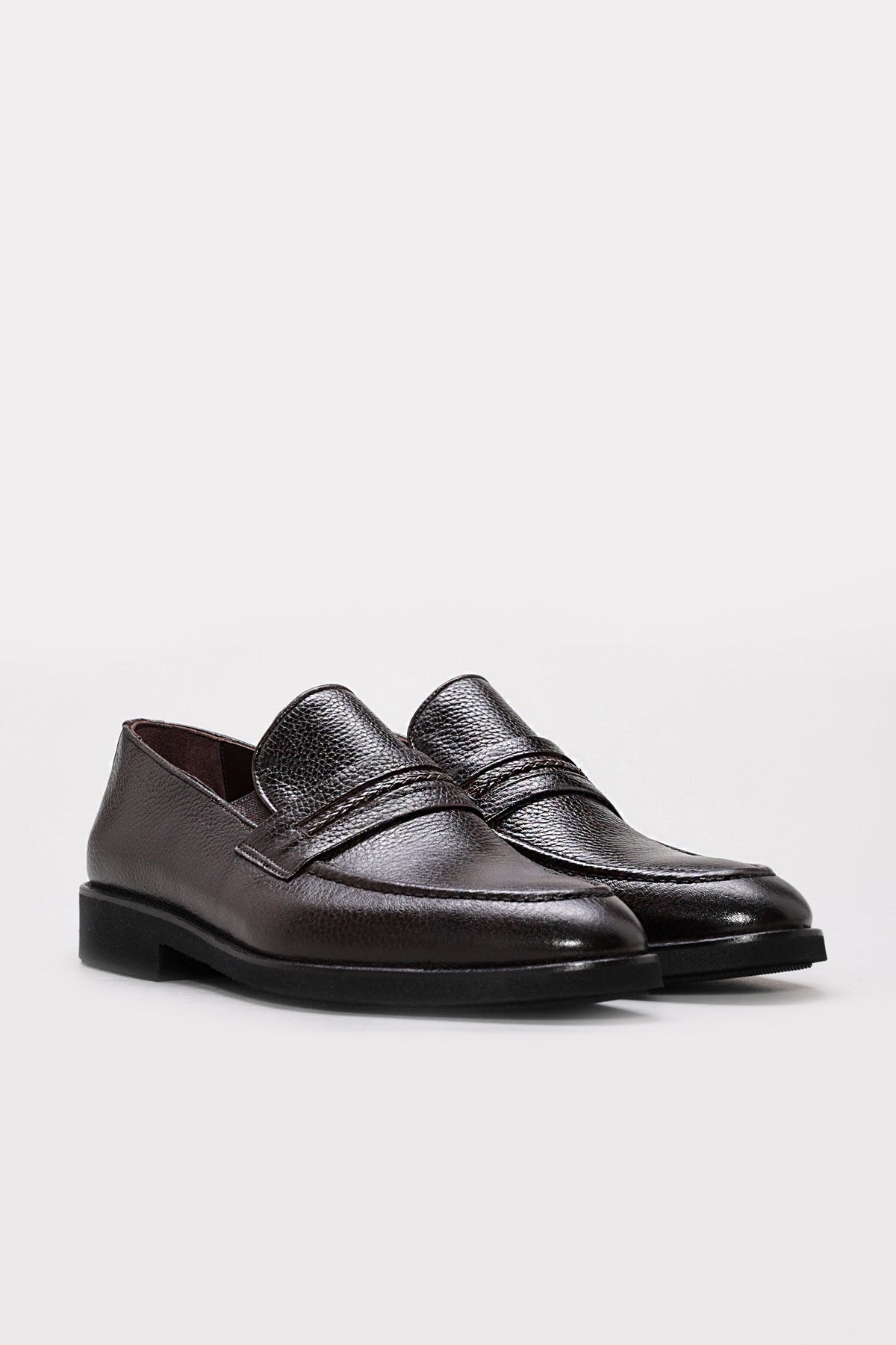 Dark Brown Textured Leather Penny Loafers