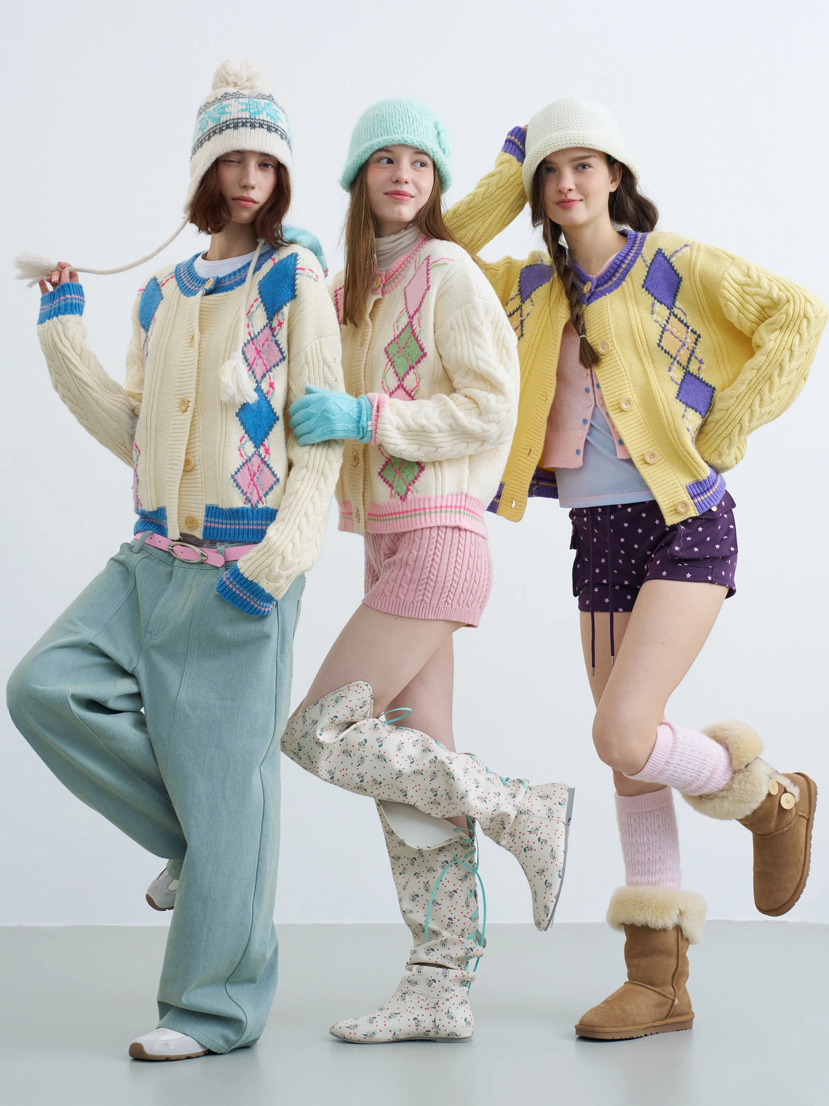 Women's Retro Argyle Cable-Knit Cardigan