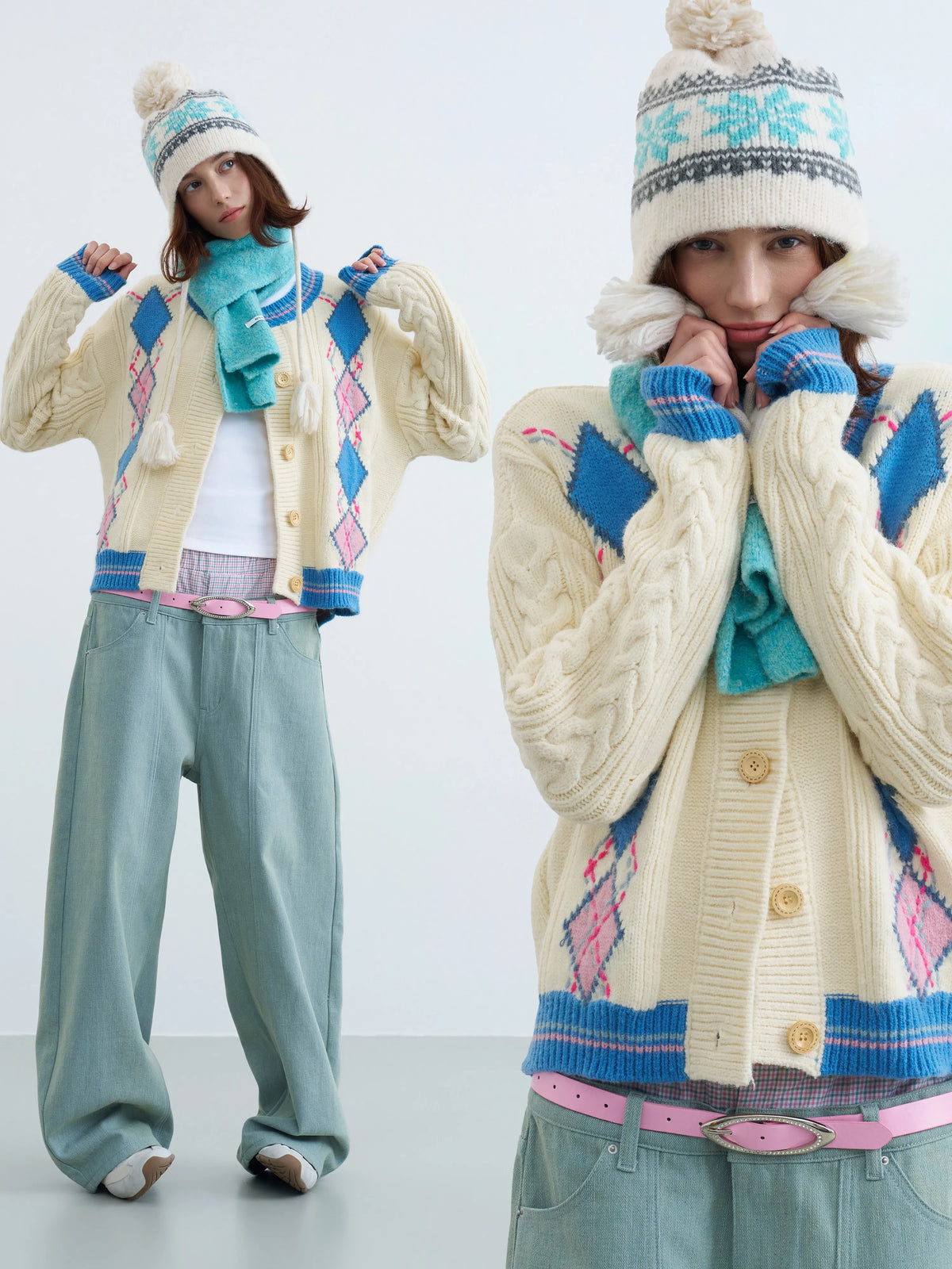 Women's Retro Argyle Cable-Knit Cardigan