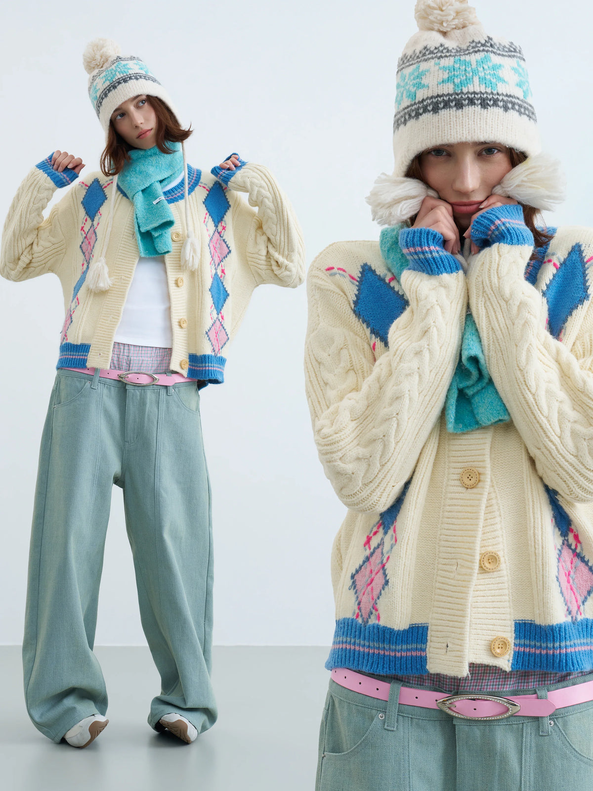 Women's Retro Argyle Cable-Knit Cardigan