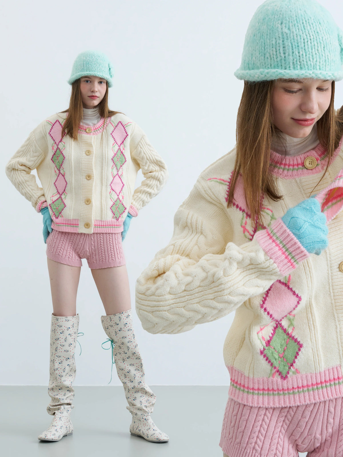 Women's Retro Argyle Cable-Knit Cardigan