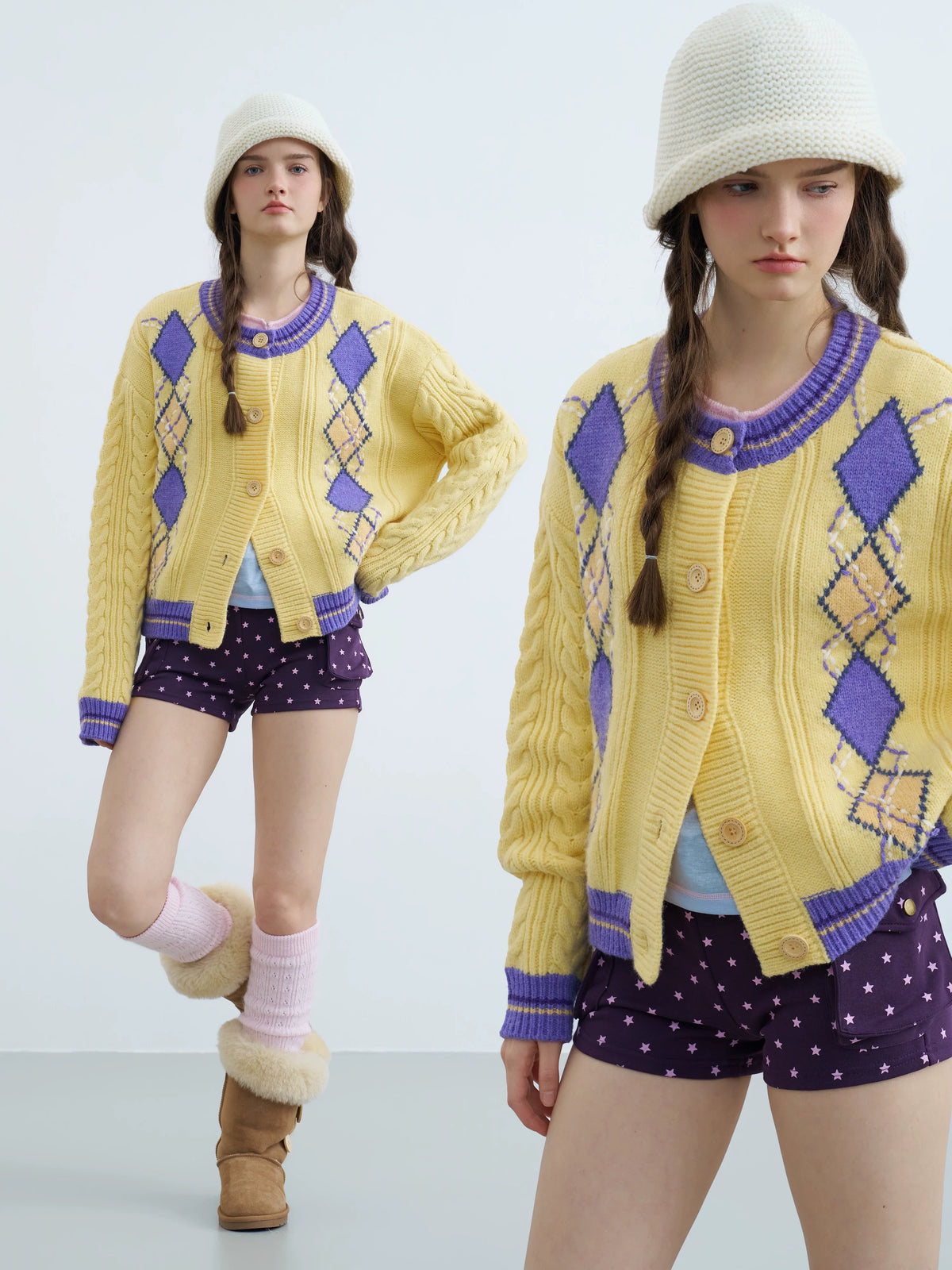 Women's Retro Argyle Cable-Knit Cardigan